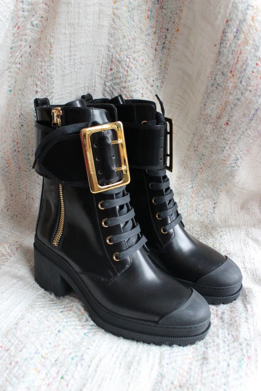Burberry Black Scarcroft Buckle Heeled Lug Boots Size 36.5